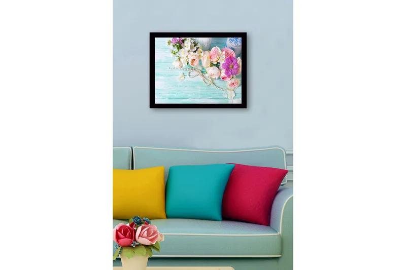 Inramad Canvastavla i trä - 41x56 cm - Färgrik bukett av blommor med pärlor - Rosa / Vit / Lila - Inredning & dekor - Tavlor & konst
