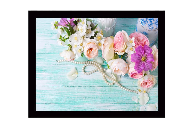 Inramad Canvastavla i trä - 41x56 cm - Färgrik bukett av blommor med pärlor - Rosa / Vit / Lila - Inredning & dekor - Tavlor & konst