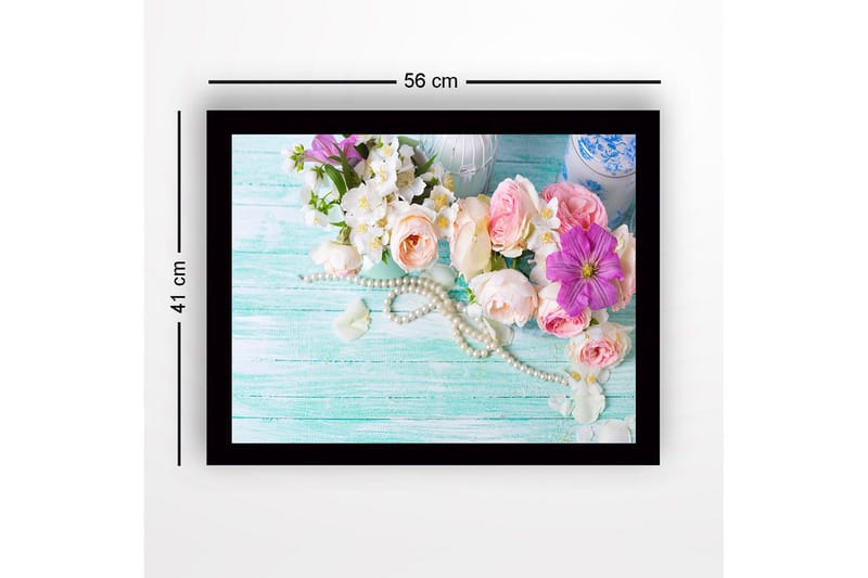 Inramad Canvastavla i trä - 41x56 cm - Färgrik bukett av blommor med pärlor - Rosa / Vit / Lila - Inredning & dekor - Tavlor & konst