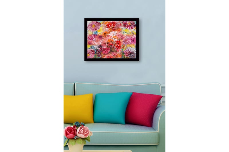 Inramad Canvastavla i trä - 41x56 cm - Färgrik bukett av blommor - Rosa / Röd / Gul - Inredning & dekor - Tavlor & konst