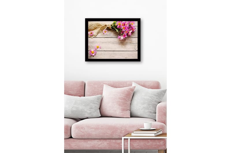 Inramad Canvastavla i trä - 41x56 cm - Färgrik bukett av blommor på en träyta - Rosa / Gult / Brunt - Inredning & dekor - Tavlor & konst
