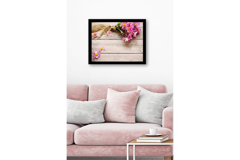 Inramad Canvastavla i trä - 41x56 cm - Färgrik bukett av blommor på en träyta - Rosa / Gult / Brunt - Inredning & dekor - Tavlor & konst