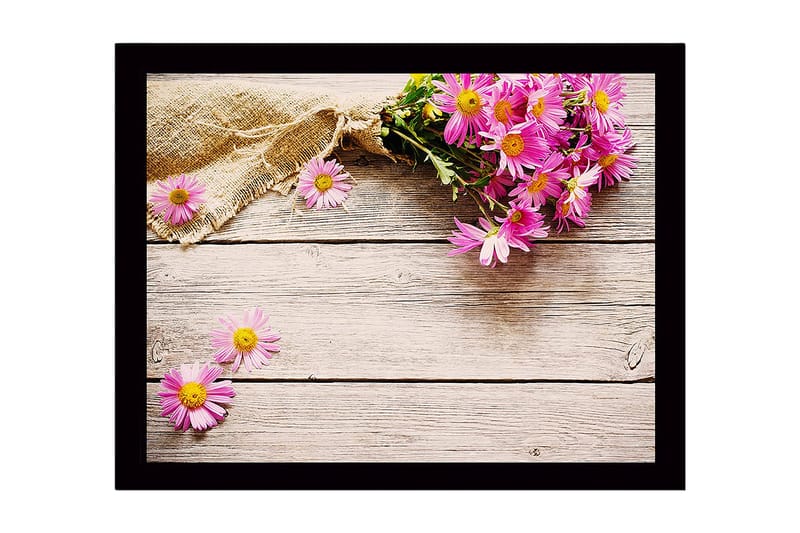 Inramad Canvastavla i trä - 41x56 cm - Färgrik bukett av blommor på en träyta - Rosa / Gult / Brunt - Inredning & dekor - Tavlor & konst