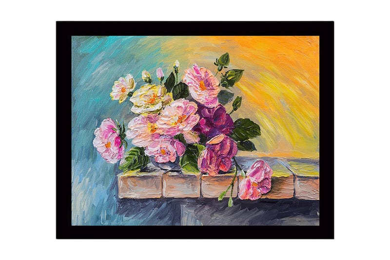 Inramad Canvastavla i trä - 41x56 cm - Färgrik bukett av rosor i olika nyanser - Rosa / Grön / Gul - Inredning & dekor - Tavlor & konst