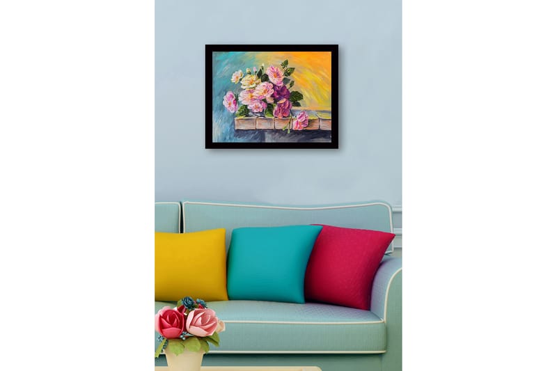 Inramad Canvastavla i trä - 41x56 cm - Färgrik bukett av rosor i olika nyanser - Rosa / Grön / Gul - Inredning & dekor - Tavlor & konst
