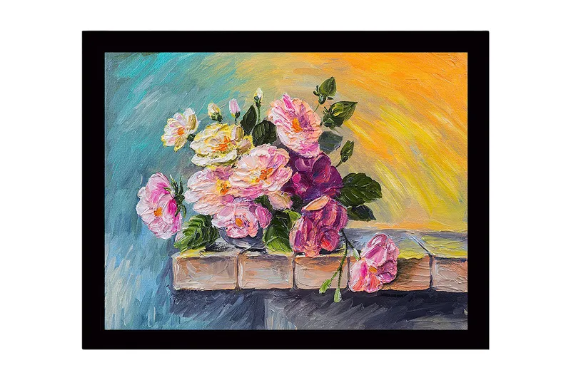 Inramad Canvastavla i trä - 41x56 cm - Färgrik bukett av rosor i olika nyanser - Rosa / Grön / Gul - Inredning & dekor - Tavlor & konst