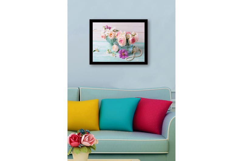Inramad Canvastavla i trä - 41x56 cm - Färgrik bukett av rosor och blommor i eleganta vaser - Rosa / Vit / Lila - Inredning & dekor - Tavlor & konst