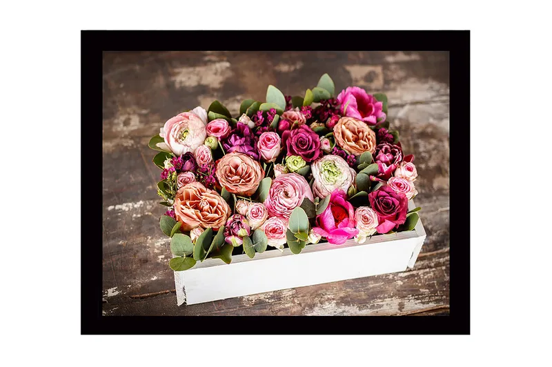 Inramad Canvastavla i trä - 41x56 cm - Färgrik bukett av rosor och gröna blad, Rosa / Lila / Grön