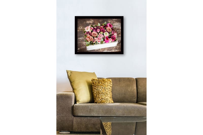 Inramad Canvastavla i trä - 41x56 cm - Färgrik bukett av rosor och gröna blad - Rosa / Lila / Grön - Inredning & dekor - Tavlor & konst