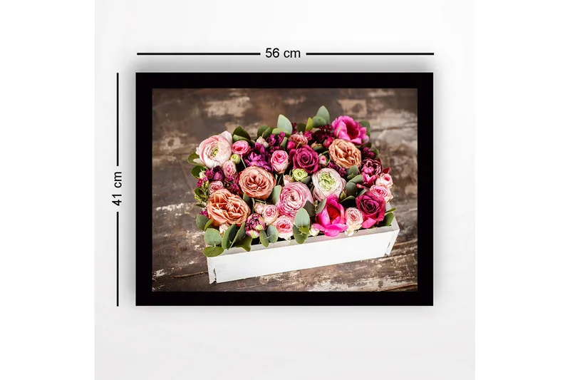 Inramad Canvastavla i trä - 41x56 cm - Färgrik bukett av rosor och gröna blad - Rosa / Lila / Grön - Inredning & dekor - Tavlor & konst