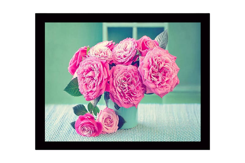 Inramad Canvastavla i trä - 41x56 cm - Färgrik bukett av rosor, Rosa / Grön / Vit