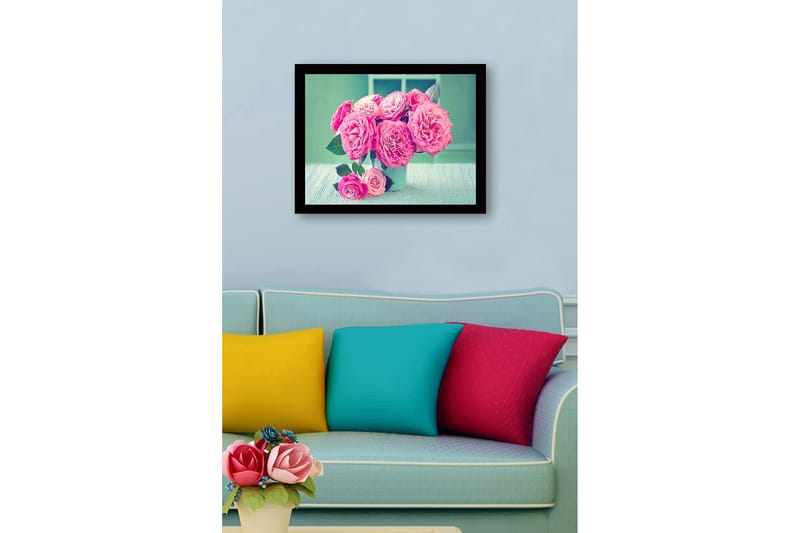 Inramad Canvastavla i trä - 41x56 cm - Färgrik bukett av rosor - Rosa / Grön / Vit - Inredning & dekor - Tavlor & konst