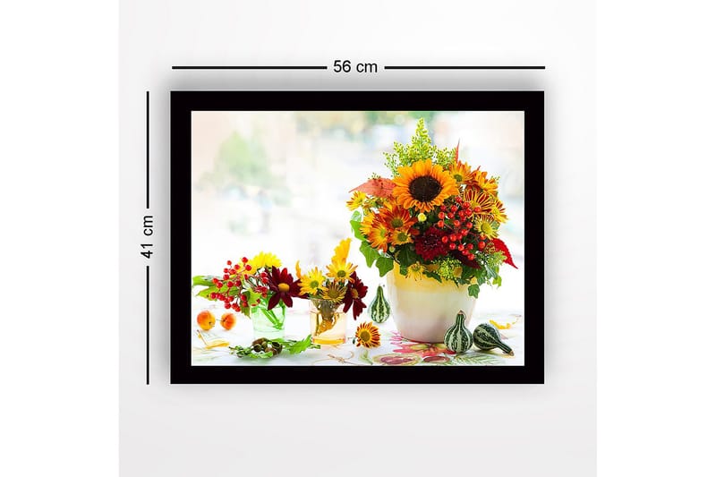 Inramad Canvastavla i trä - 41x56 cm - Färgrik bukett av solrosor och höstblommor - Gul / Röd / Grön - Inredning & dekor - Tavlor & konst