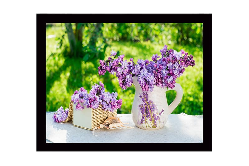 Inramad Canvastavla i trä - 41x56 cm - Färgrik bukett av syrener i en kruka - Lila / Grön / Vit - Inredning & dekor - Tavlor & konst