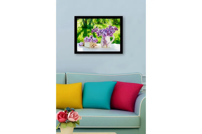 Inramad Canvastavla i trä - 41x56 cm - Färgrik bukett av syrener i en kruka - Lila / Grön / Vit - Inredning & dekor - Tavlor & konst