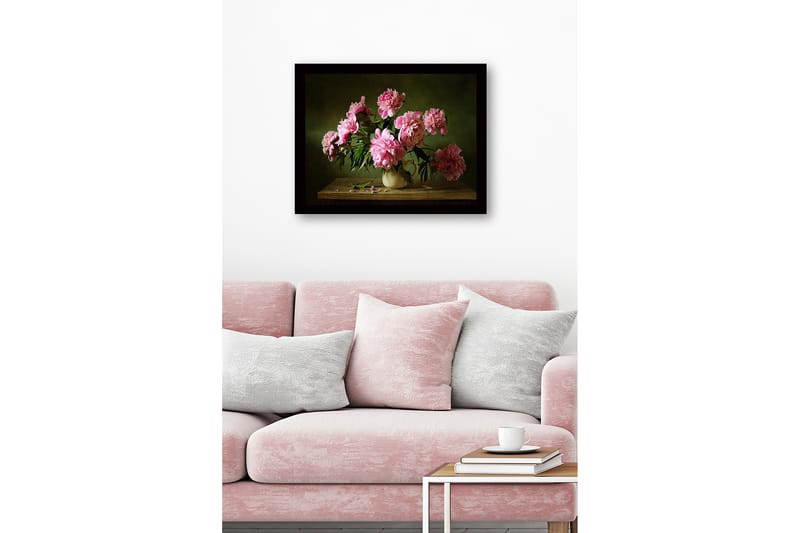 Inramad Canvastavla i trä - 41x56 cm - Färgrik bukett av pioner i en keramikvas - Rosa / Grön / Beige - Inredning & dekor - Tavlor & konst