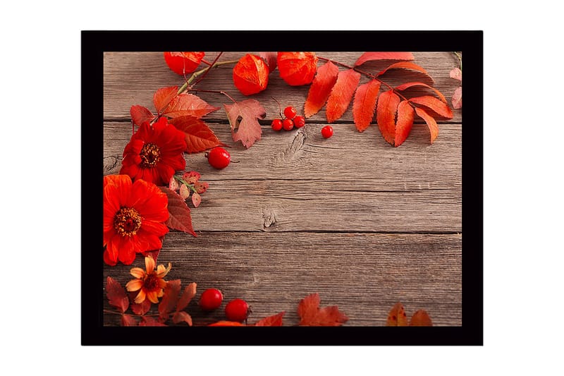 Inramad Canvastavla i trä - 41x56 cm - Färgrik komposition av höstblommor och löv - Röd / Orange / Grön - Inredning & dekor - Tavlor & konst