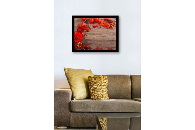 Inramad Canvastavla i trä - 41x56 cm - Färgrik komposition av höstblommor och löv - Röd / Orange / Grön - Inredning & dekor - Tavlor & konst