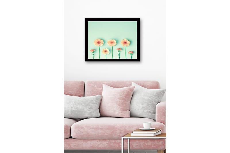 Inramad Canvastavla i trä - 41x56 cm - Färgrik rad av blommor med gerbera och nejlika - Ljusorange / Grön / Mintgrön - Inredning & dekor - Tavlor & konst