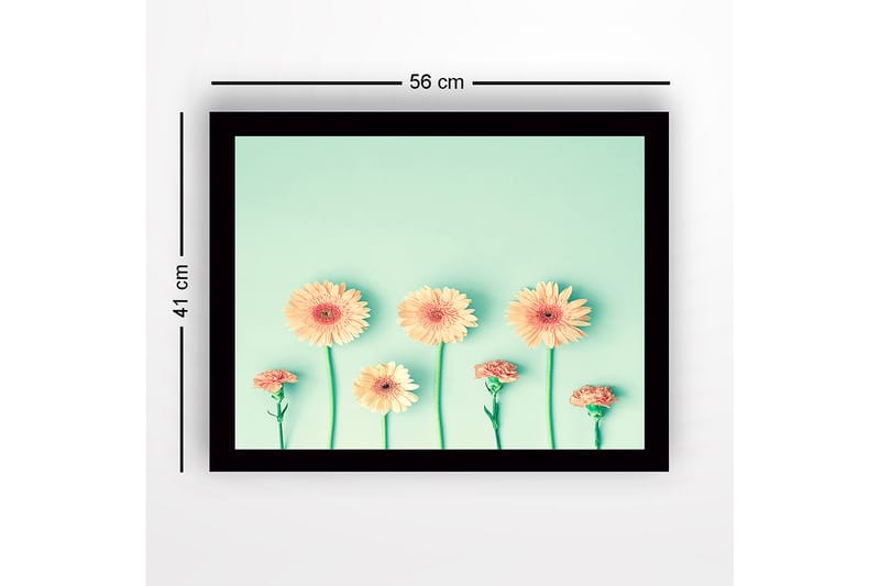 Inramad Canvastavla i trä - 41x56 cm - Färgrik rad av blommor med gerbera och nejlika - Ljusorange / Grön / Mintgrön - Inredning & dekor - Tavlor & konst