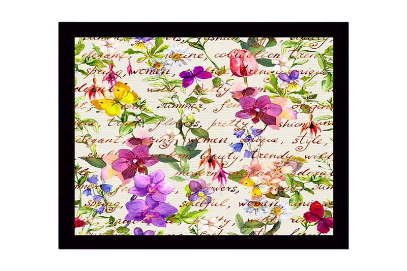 Inramad Canvastavla i trä - 41x56 cm - Färgrik samling av blommor och fjärilar - Lila / Rosa / Gul - Inredning & dekor - Tavlor & konst