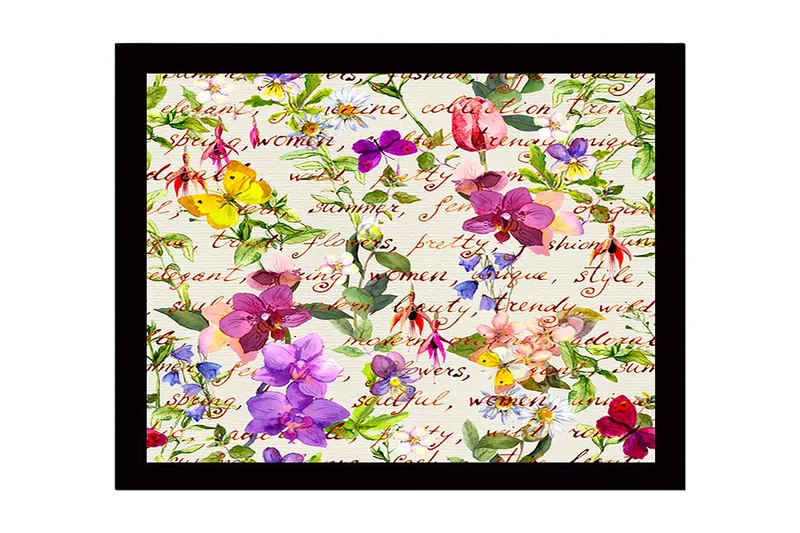 Inramad Canvastavla i trä - 41x56 cm - Färgrik samling av blommor och fjärilar - Lila / Rosa / Gul - Inredning & dekor - Tavlor & konst