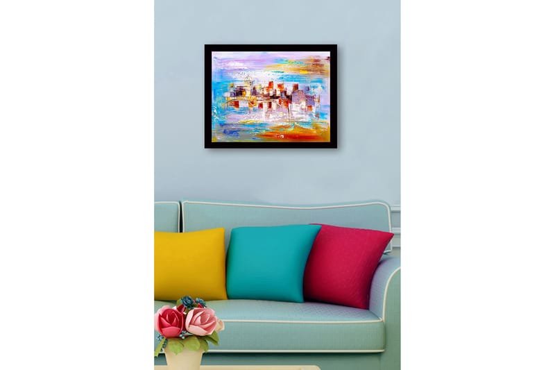 Inramad Canvastavla i trä - 41x56 cm - Färgrik stadsbild med bro och byggnader i silhuett - Blå / Orange / Lila - Inredning & dekor - Tavlor & konst