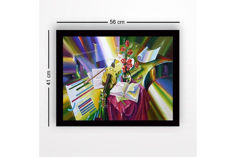Inramad Canvastavla i trä - 41x56 cm - Färgrik stillhet med instrument och blommor - Grön / Röd / Gul - Inredning & dekor - Tavlor & konst