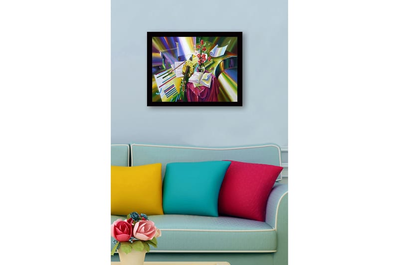 Inramad Canvastavla i trä - 41x56 cm - Färgrik stillhet med instrument och blommor - Grön / Röd / Gul - Inredning & dekor - Tavlor & konst