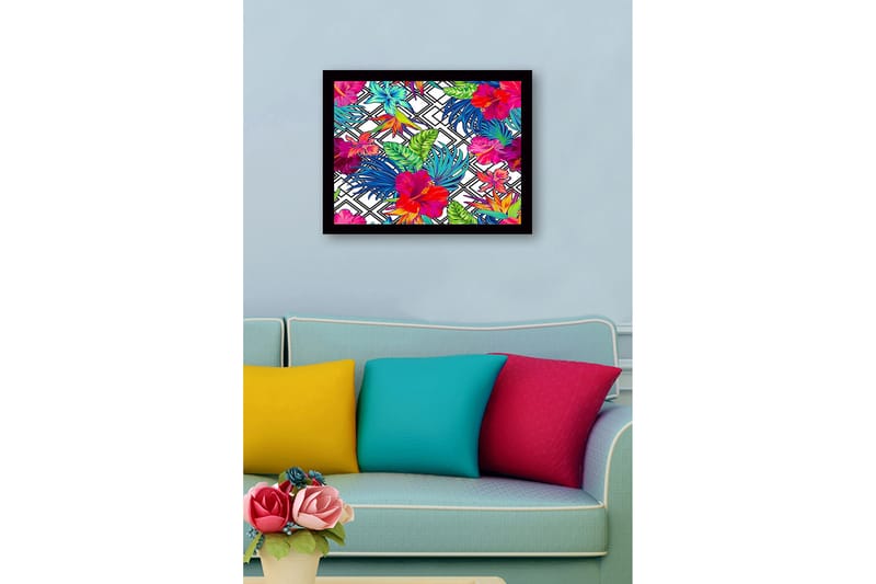 Inramad Canvastavla i trä - 41x56 cm - Färgrik tropisk blomsterdesign med hibiskusar och bladverk - Röd / Grön / Blå - Inredning & dekor - Tavlor & konst