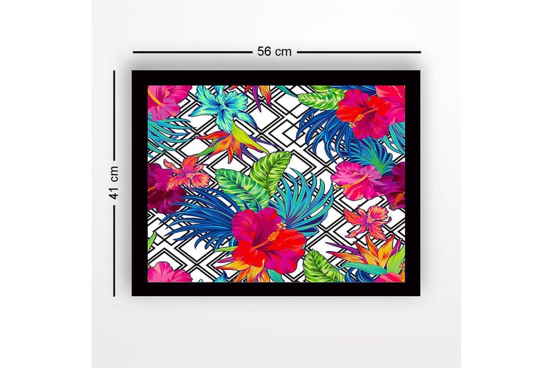 Inramad Canvastavla i trä - 41x56 cm - Färgrik tropisk blomsterdesign med hibiskusar och bladverk - Röd / Grön / Blå - Inredning & dekor - Tavlor & konst