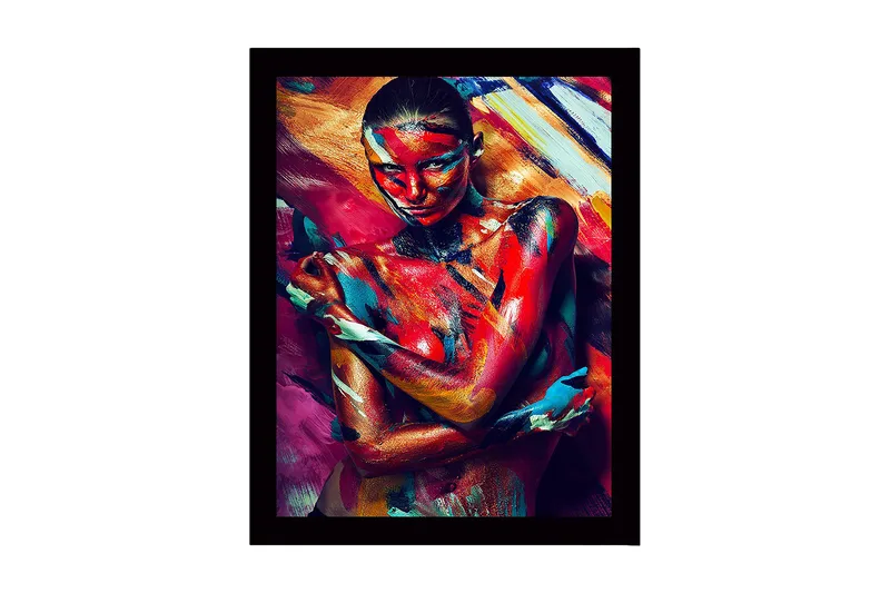 Inramad Canvastavla i trä - 41x56 cm - Färgstark kroppsmålning av en kvinna som uttrycker känslor genom rörelse och färg - Röd / Blå / Gul - Inredning & dekor - Tavlor & konst