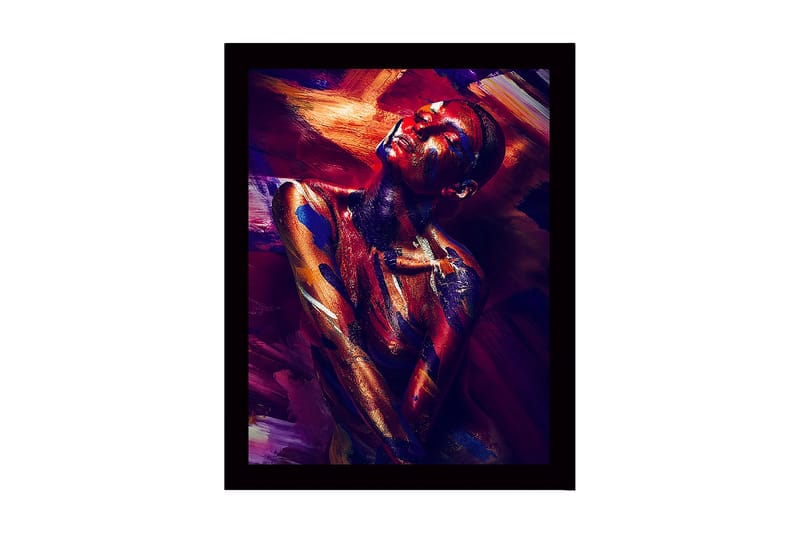 Inramad Canvastavla i trä - 41x56 cm - Färgstark porträtt av en naken modell med abstrakt kroppsmålning, Mörkröd / Blå / Guld