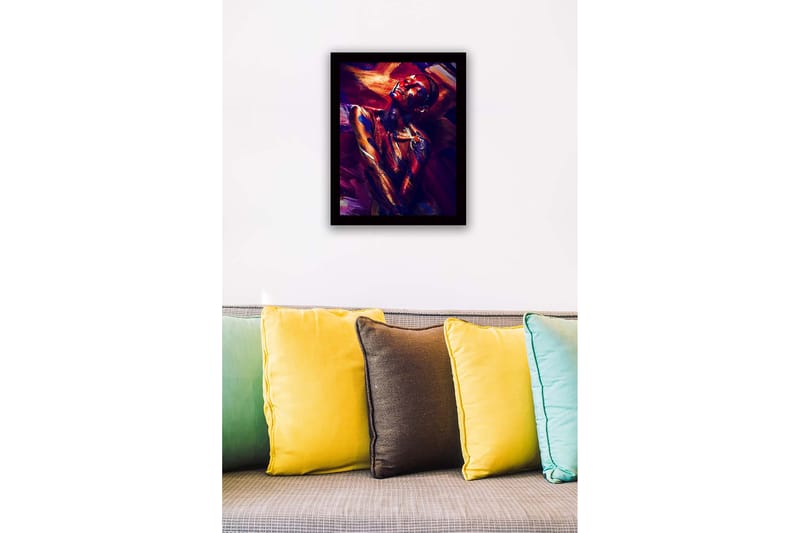 Inramad Canvastavla i trä - 41x56 cm - Färgstark porträtt av en naken modell med abstrakt kroppsmålning - Mörkröd / Blå / Guld - Inredning & dekor - Tavlor & konst