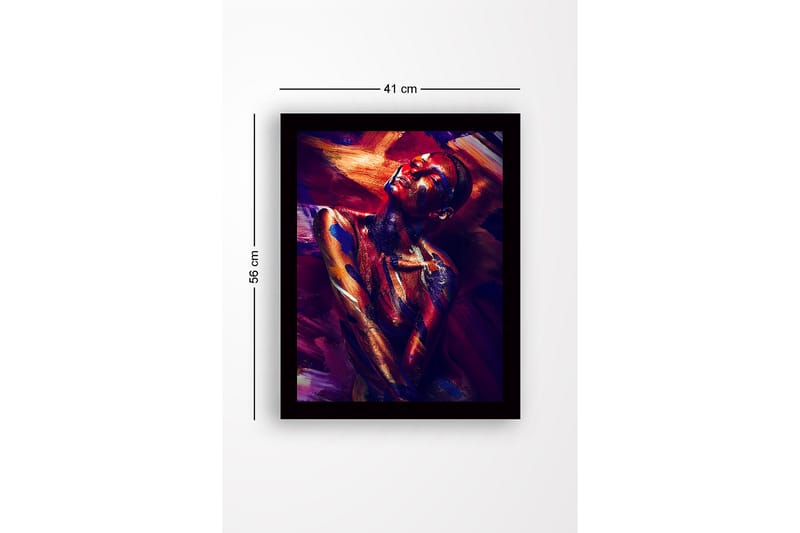 Inramad Canvastavla i trä - 41x56 cm - Färgstark porträtt av en naken modell med abstrakt kroppsmålning - Mörkröd / Blå / Guld - Inredning & dekor - Tavlor & konst
