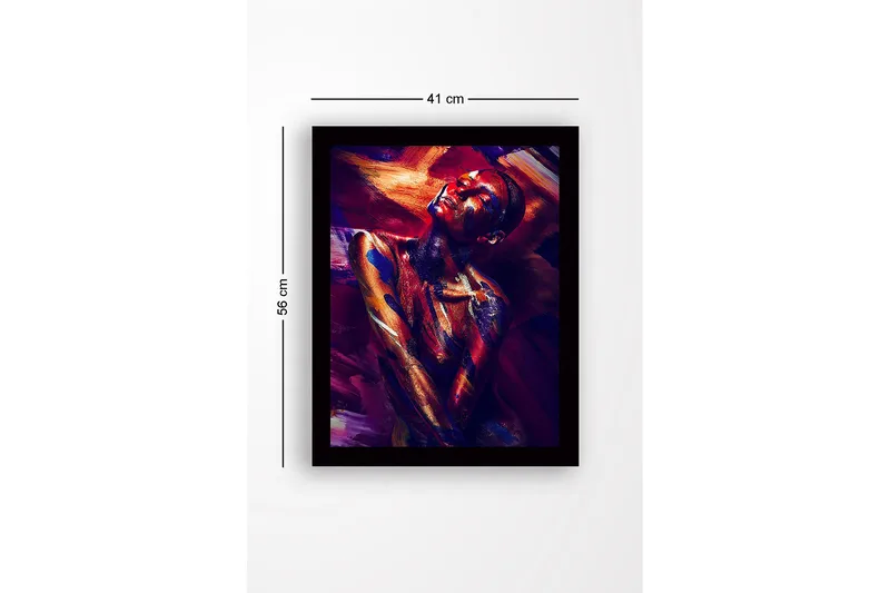 Inramad Canvastavla i trä - 41x56 cm - Färgstark porträtt av en naken modell med abstrakt kroppsmålning - Mörkröd / Blå / Guld - Inredning & dekor - Tavlor & konst