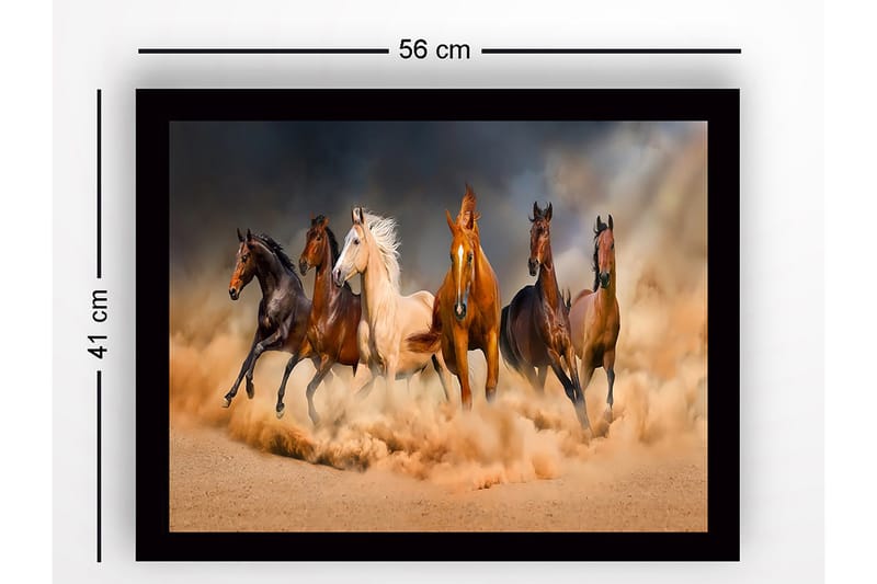 Inramad Canvastavla i trä - 41x56 cm - Fem hästar i rörelse genom sandstorm - Brun / Beige / Svart - Inredning & dekor - Tavlor & konst