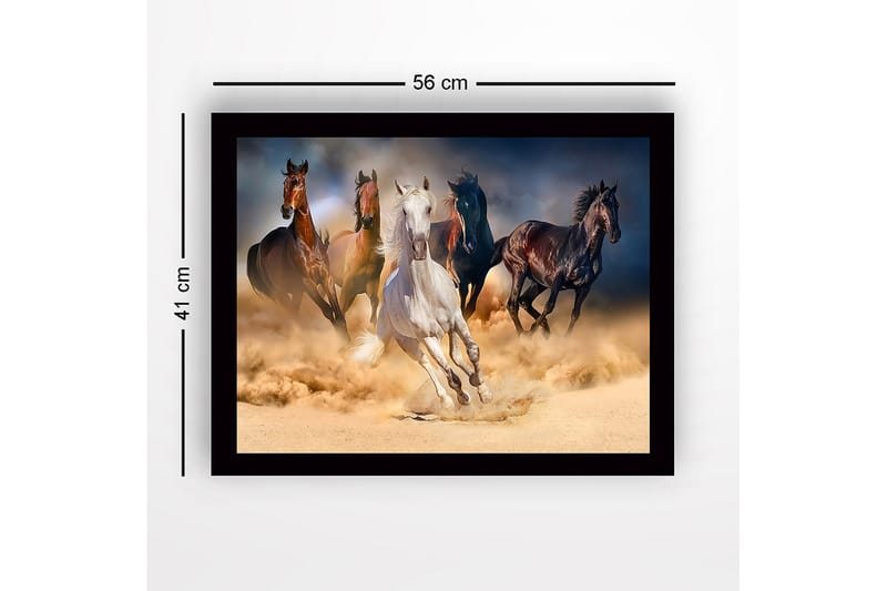 Inramad Canvastavla i trä - 41x56 cm - Fem hästar som galopperar genom sandstorm - Vit / Brun / Svart - Inredning & dekor - Tavlor & konst
