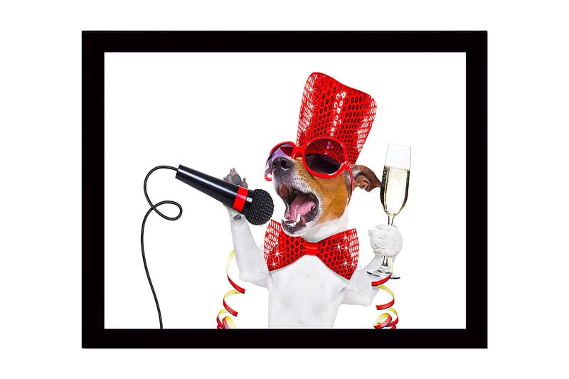 Inramad Canvastavla i trä - 41x56 cm - Festlig hund med mikrofon och champagneglas - Röd / Svart / Vit - Inredning & dekor - Tavlor & konst
