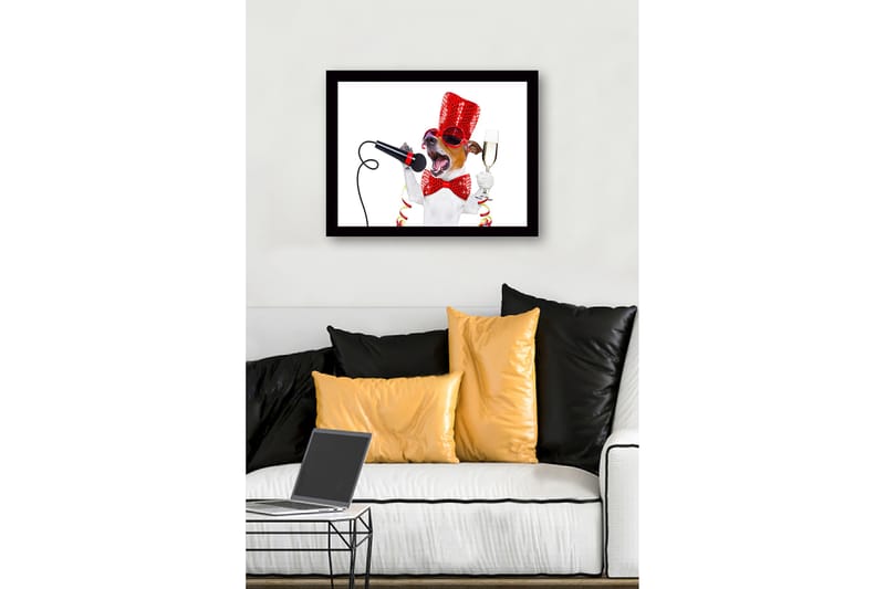 Inramad Canvastavla i trä - 41x56 cm - Festlig hund med mikrofon och champagneglas - Röd / Svart / Vit - Inredning & dekor - Tavlor & konst