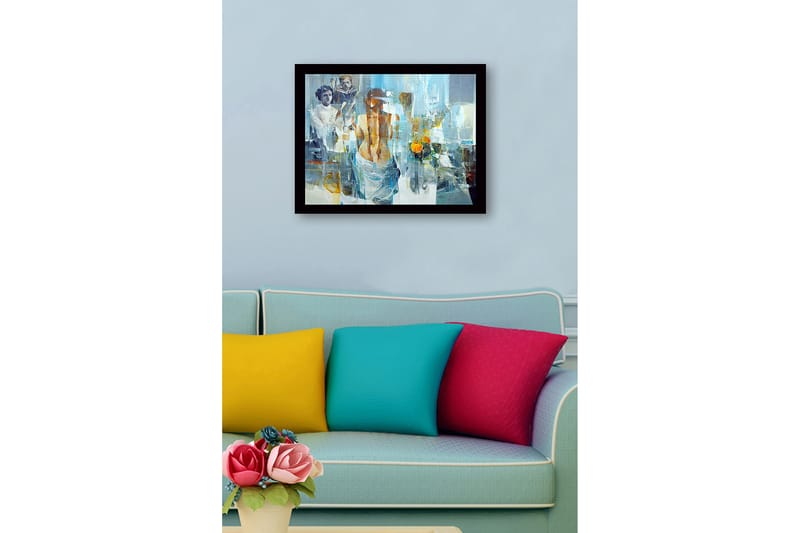 Inramad Canvastavla i trä - 41x56 cm - Figurativ komposition med en kvinna som vänder ryggen mot betraktaren och två barn i bakgrunden - Blå / Orange / Grå - Inredning & dekor - Tavlor & konst