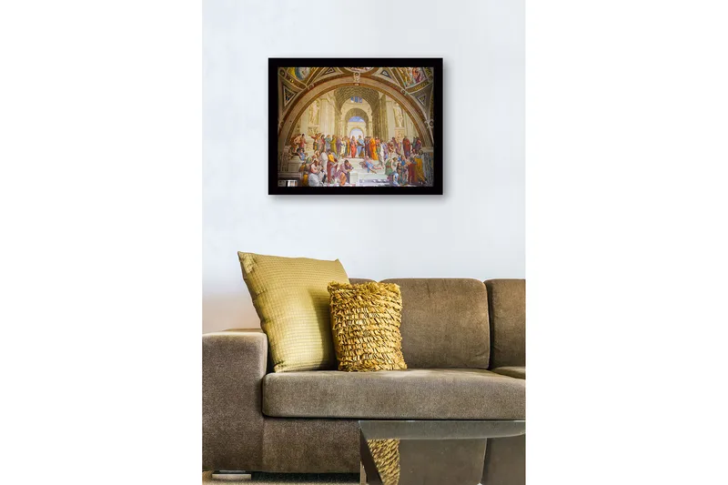 Inramad Canvastavla i trä - 41x56 cm - Filosofisk samling av tänkare i en stor arkitektonisk miljö - Blå / Beige / Röd - Inredning & dekor - Tavlor & konst