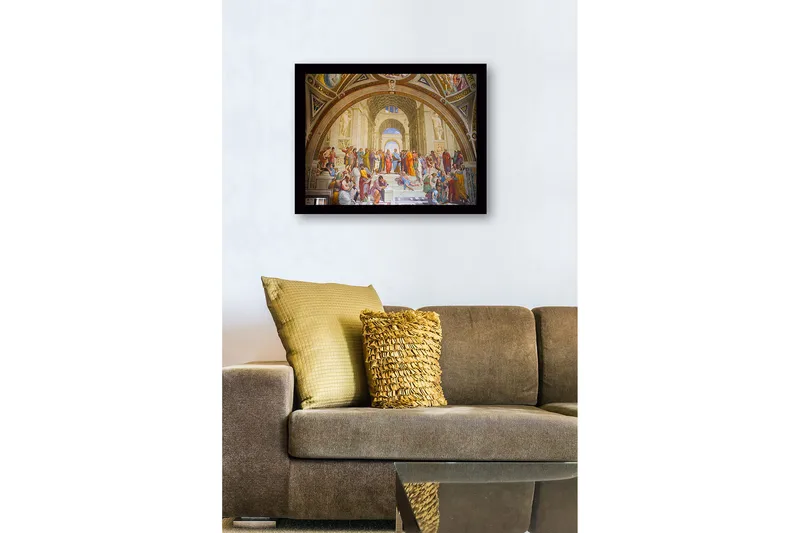 Inramad Canvastavla i trä - 41x56 cm - Filosofisk samling av tänkare i en stor arkitektonisk miljö - Blå / Beige / Röd - Inredning & dekor - Tavlor & konst