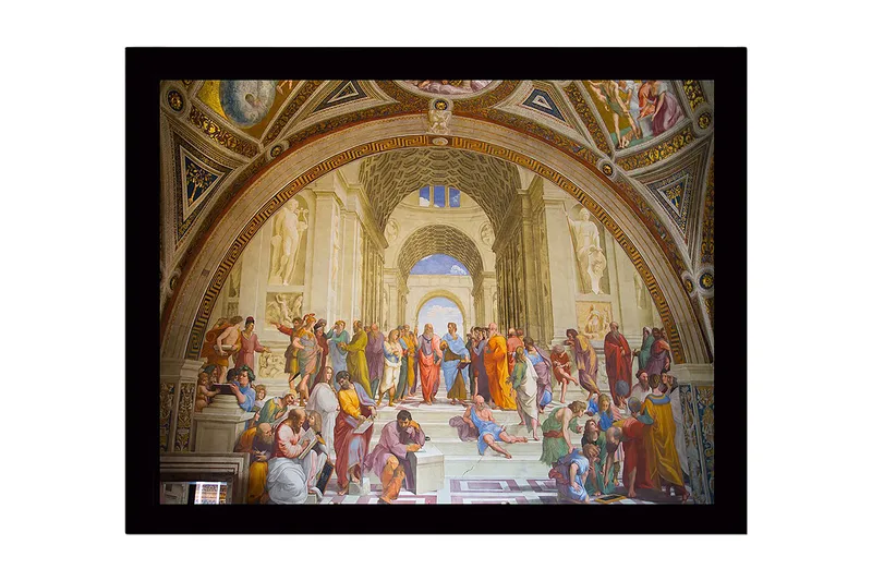 Inramad Canvastavla i trä - 41x56 cm - Filosofisk samling av tänkare i en stor arkitektonisk miljö, Blå / Beige / Röd