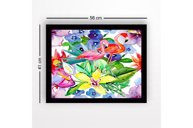 Inramad Canvastavla i trä - 41x56 cm - Flamingos bland färgglada blommor och gröna blad - Rosa / Grön / Gul - Inredning & dekor - Tavlor & konst