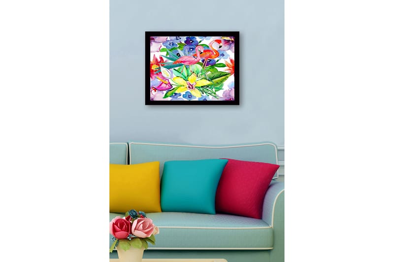 Inramad Canvastavla i trä - 41x56 cm - Flamingos bland färgglada blommor och gröna blad - Rosa / Grön / Gul - Inredning & dekor - Tavlor & konst