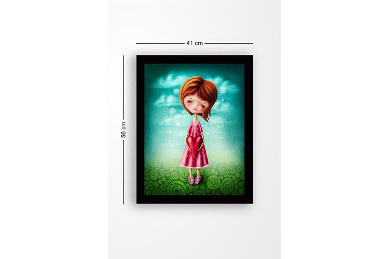 Inramad Canvastavla i trä - 41x56 cm - Flicka som håller ett hjärta i händerna - Turkos / Rosa / Grön - Inredning & dekor - Tavlor & konst