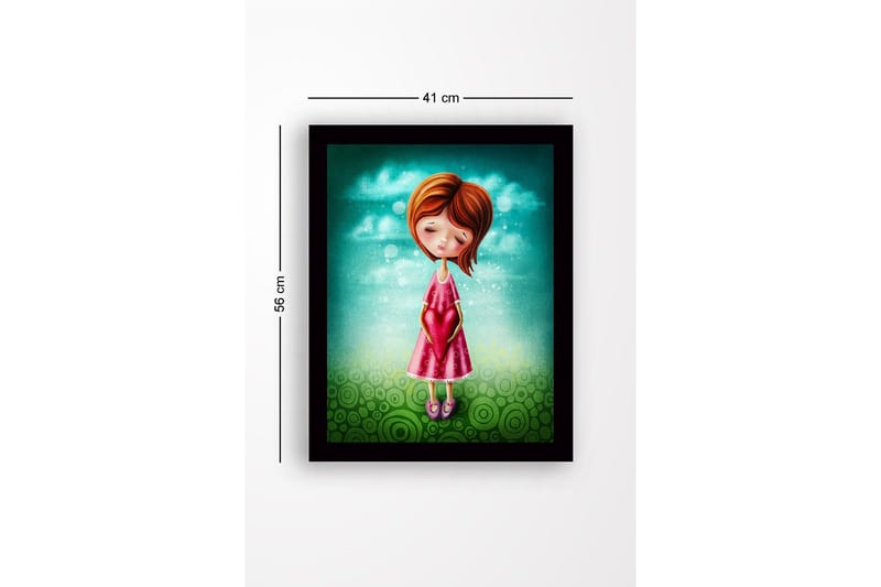 Inramad Canvastavla i trä - 41x56 cm - Flicka som håller ett hjärta i händerna - Turkos / Rosa / Grön - Inredning & dekor - Tavlor & konst