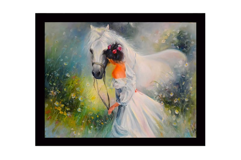 Inramad Canvastavla i trä - 41x56 cm - Flicka som leder en vit häst i en blomstrande äng, Vit / Grön / Orange