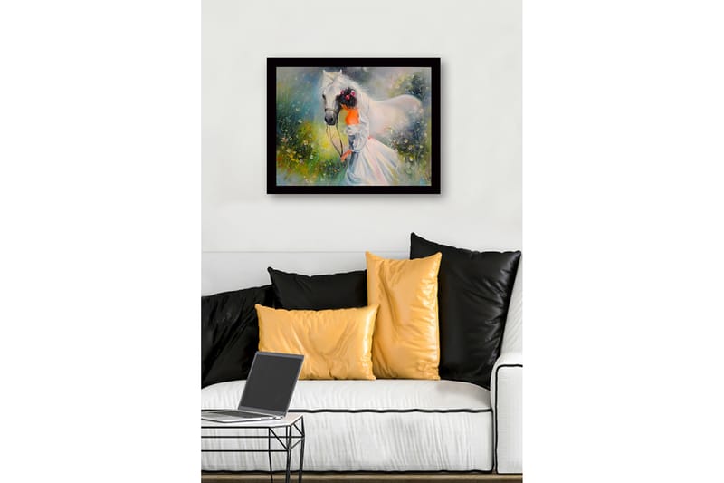 Inramad Canvastavla i trä - 41x56 cm - Flicka som leder en vit häst i en blomstrande äng - Vit / Grön / Orange - Inredning & dekor - Tavlor & konst